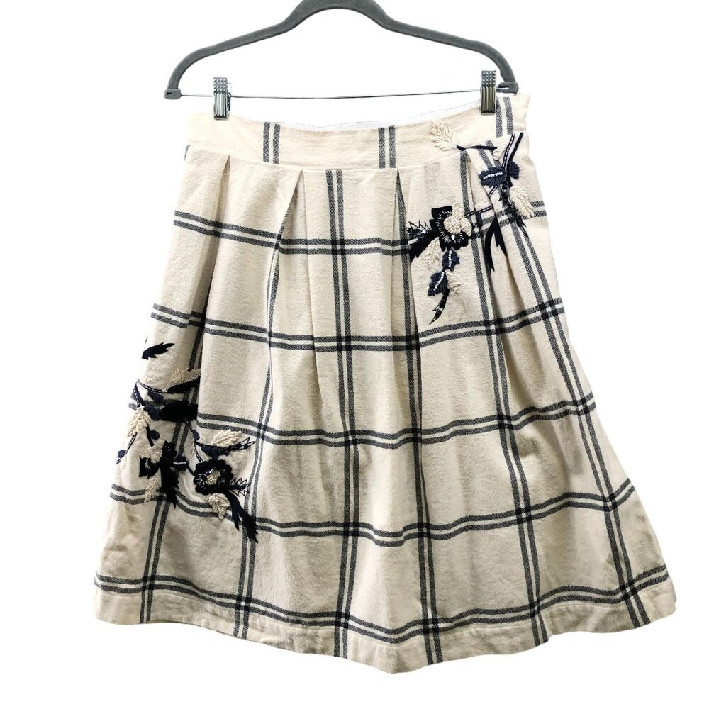 Anthropologie Cream and Black Plaid A-Line Skirt with Navy Floral Accents